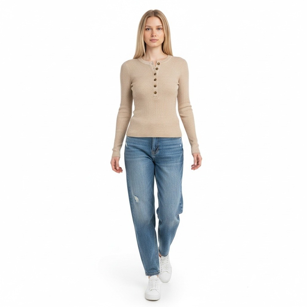 Y2K 90s Women Granola Ribbed Henley Long Sleeve Top Beige Tan Stretchy Capsule M
